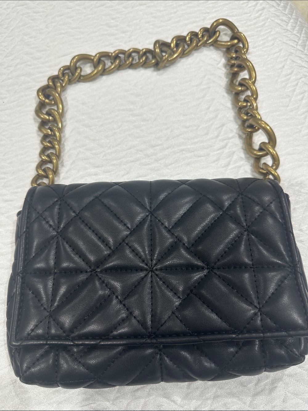 Zara Black Quilted Shoulder Bag with Brass Chain Strap